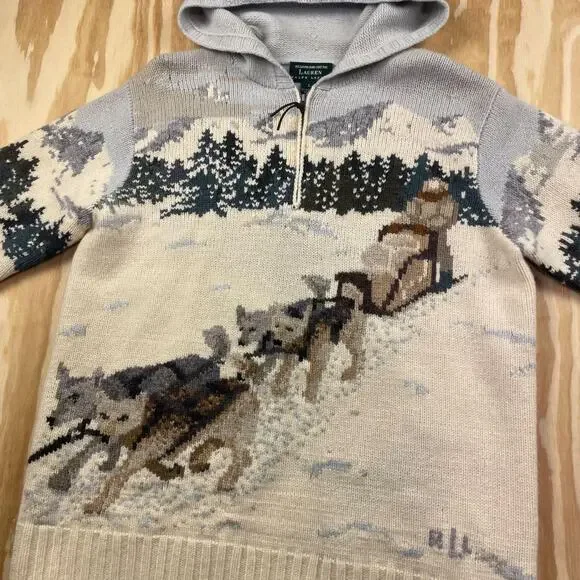 Vintage 90's Lauren Ralph Lauren Dog Sled Mural Hooded Sweater Jacket –Women’s L - Picture 3 of 8